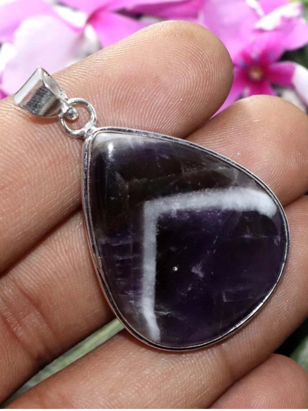 925 Sterling Silver Teardrop Amethyst Pendant - Purple and White